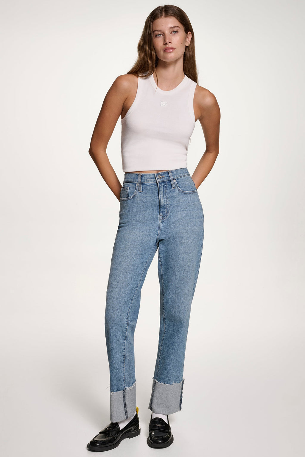HIGH-RISE RAW-EDGE CUFFED STRAIGHT LEG JEANS
