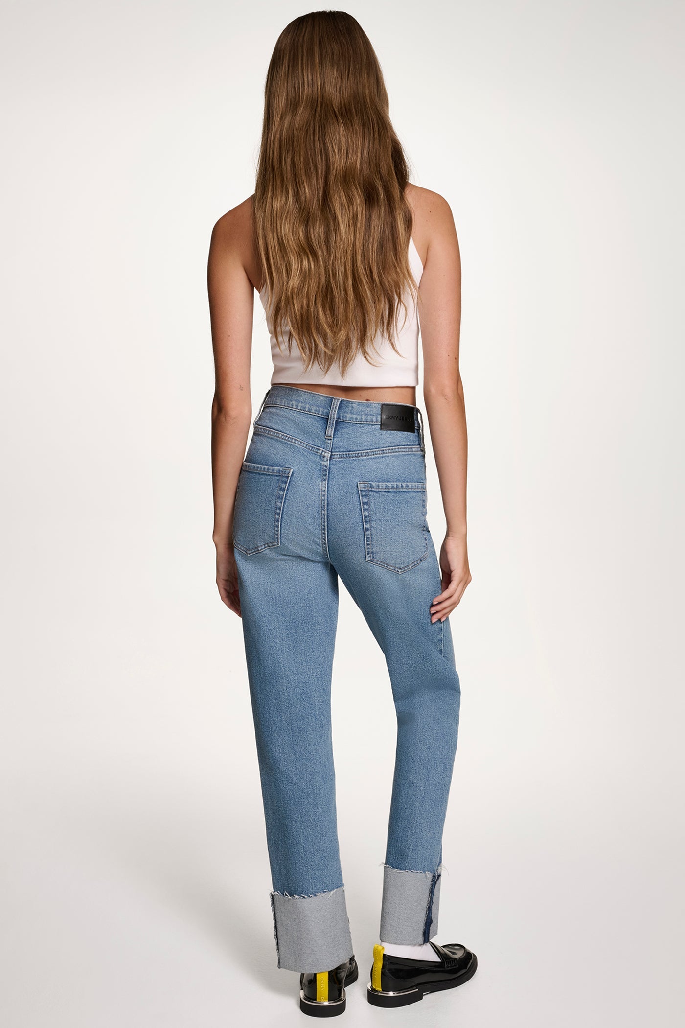 HIGH-RISE RAW-EDGE CUFFED STRAIGHT LEG JEANS