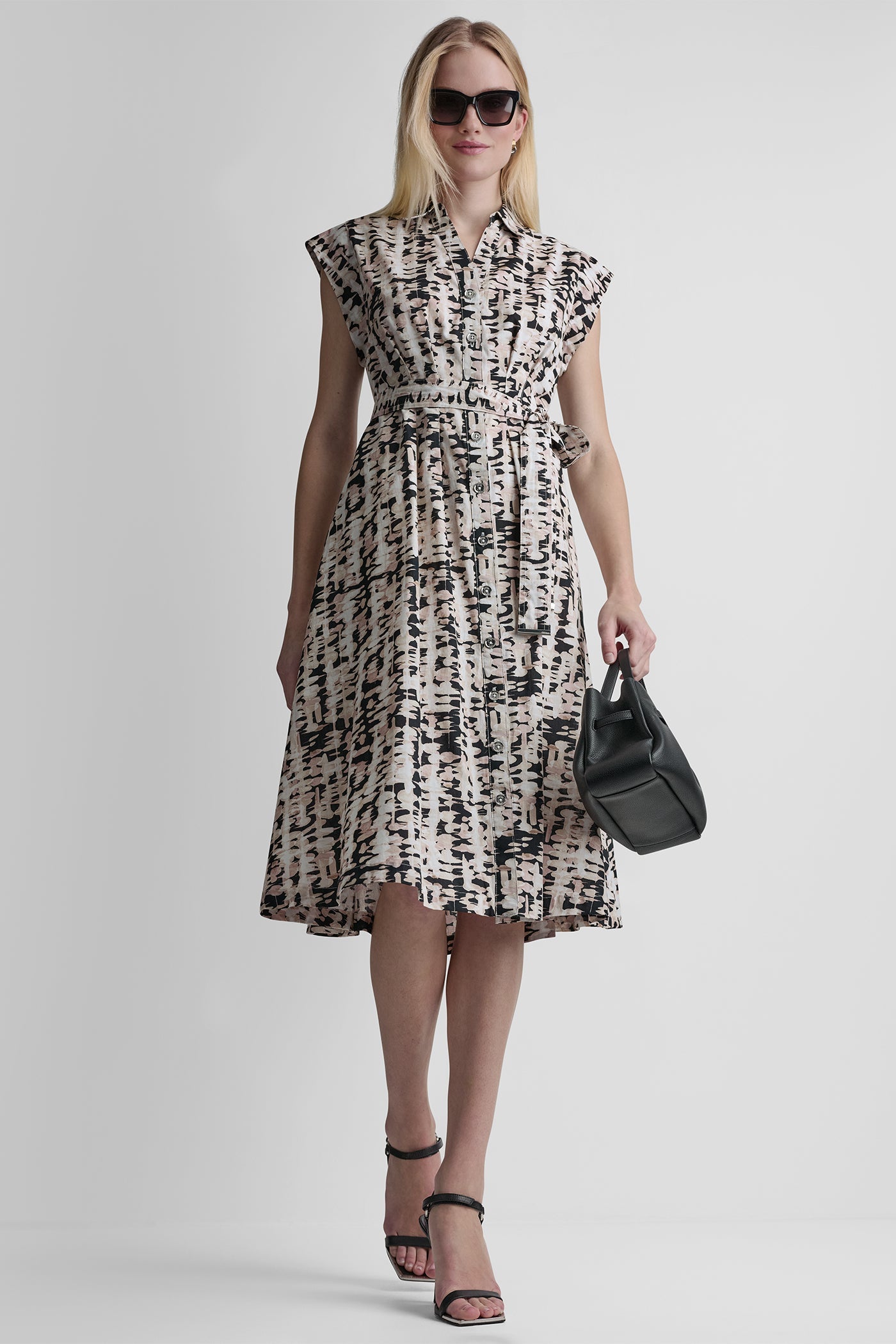 CAP-SLEEVE MIDI SHIRT DRESS