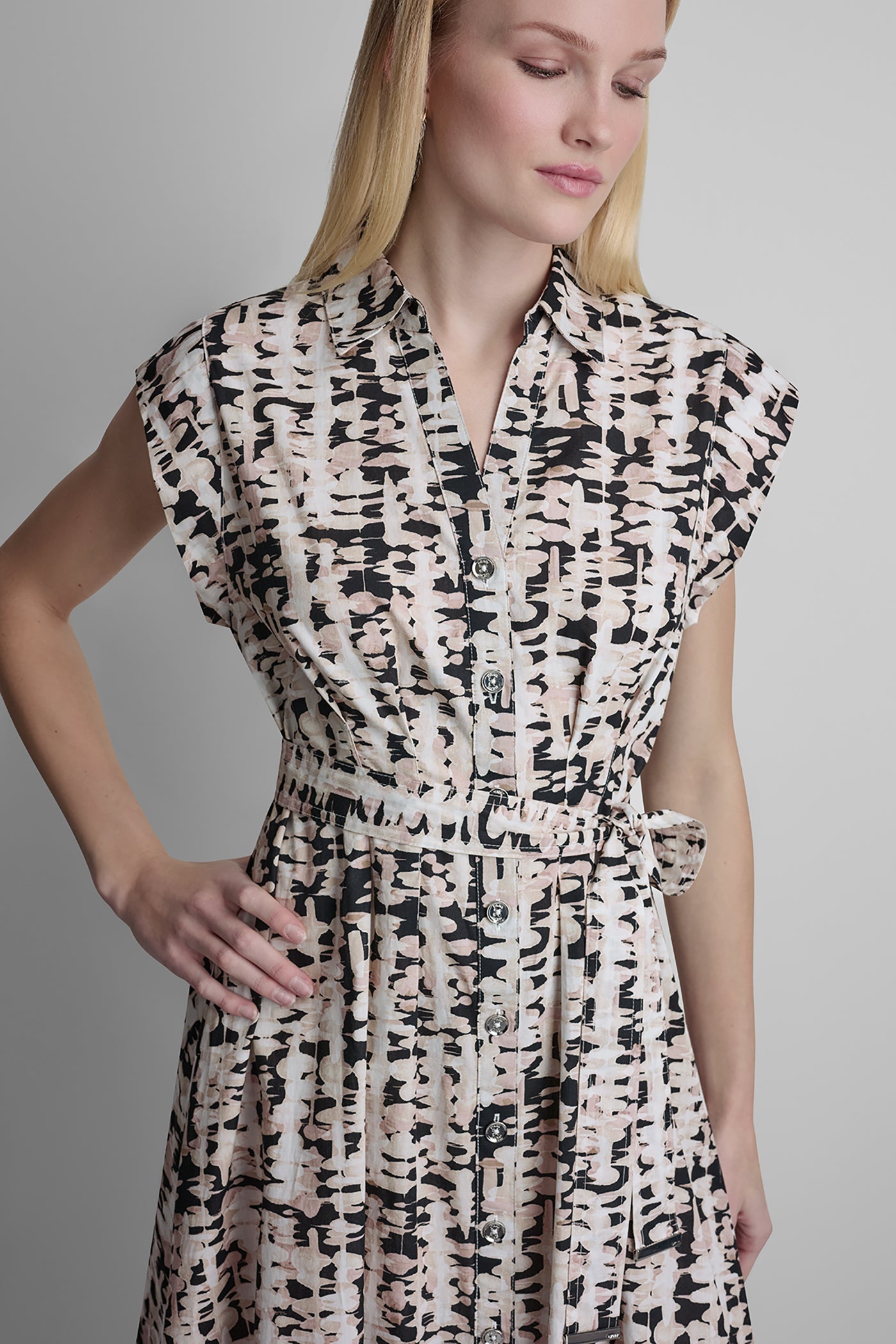 CAP-SLEEVE MIDI SHIRT DRESS