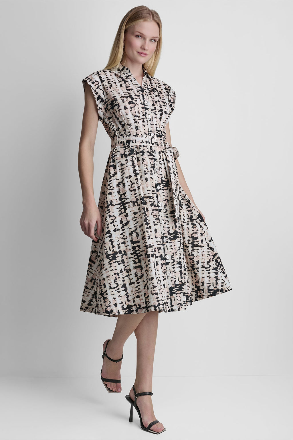 CAP-SLEEVE MIDI SHIRT DRESS