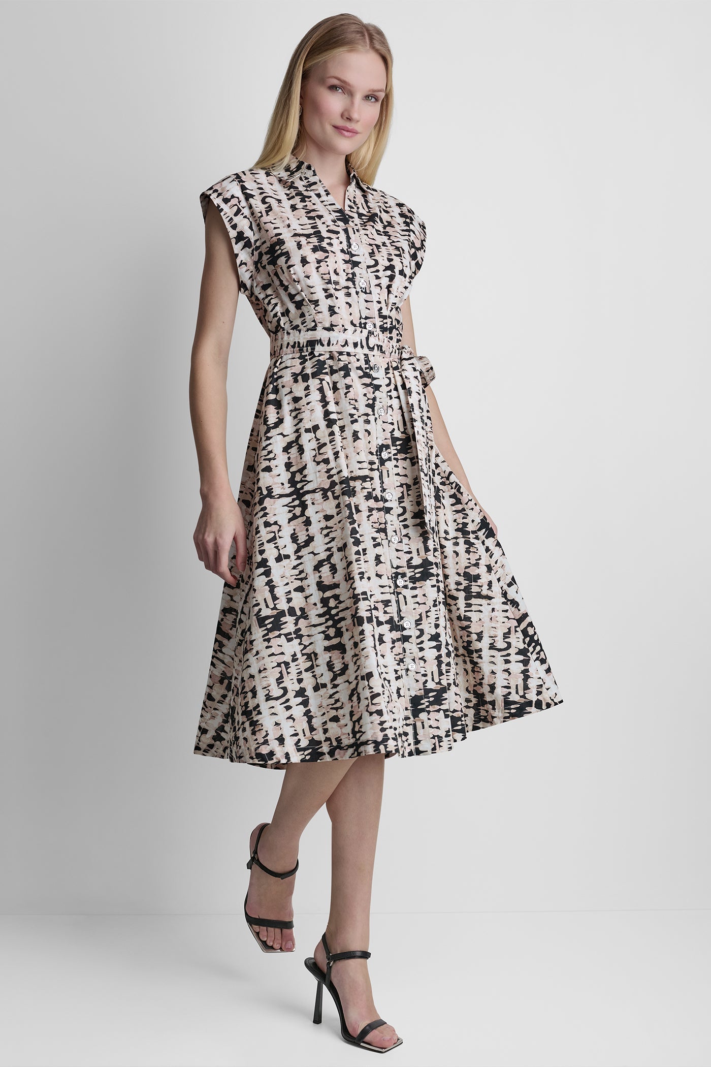 CAP-SLEEVE MIDI SHIRT DRESS