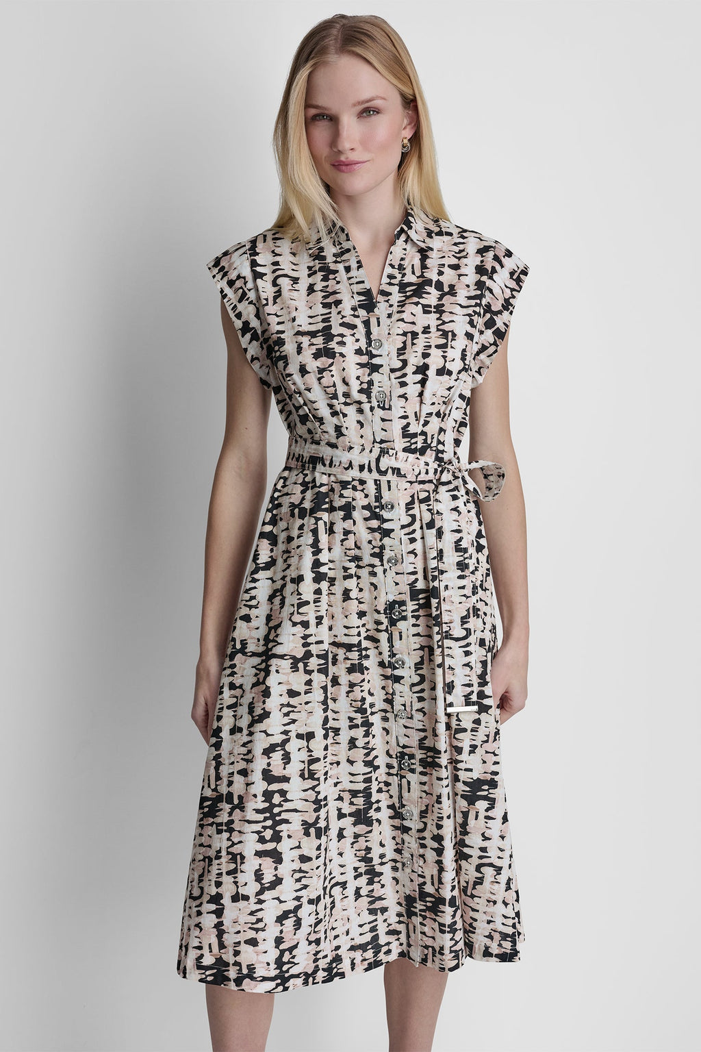 CAP-SLEEVE MIDI SHIRT DRESS