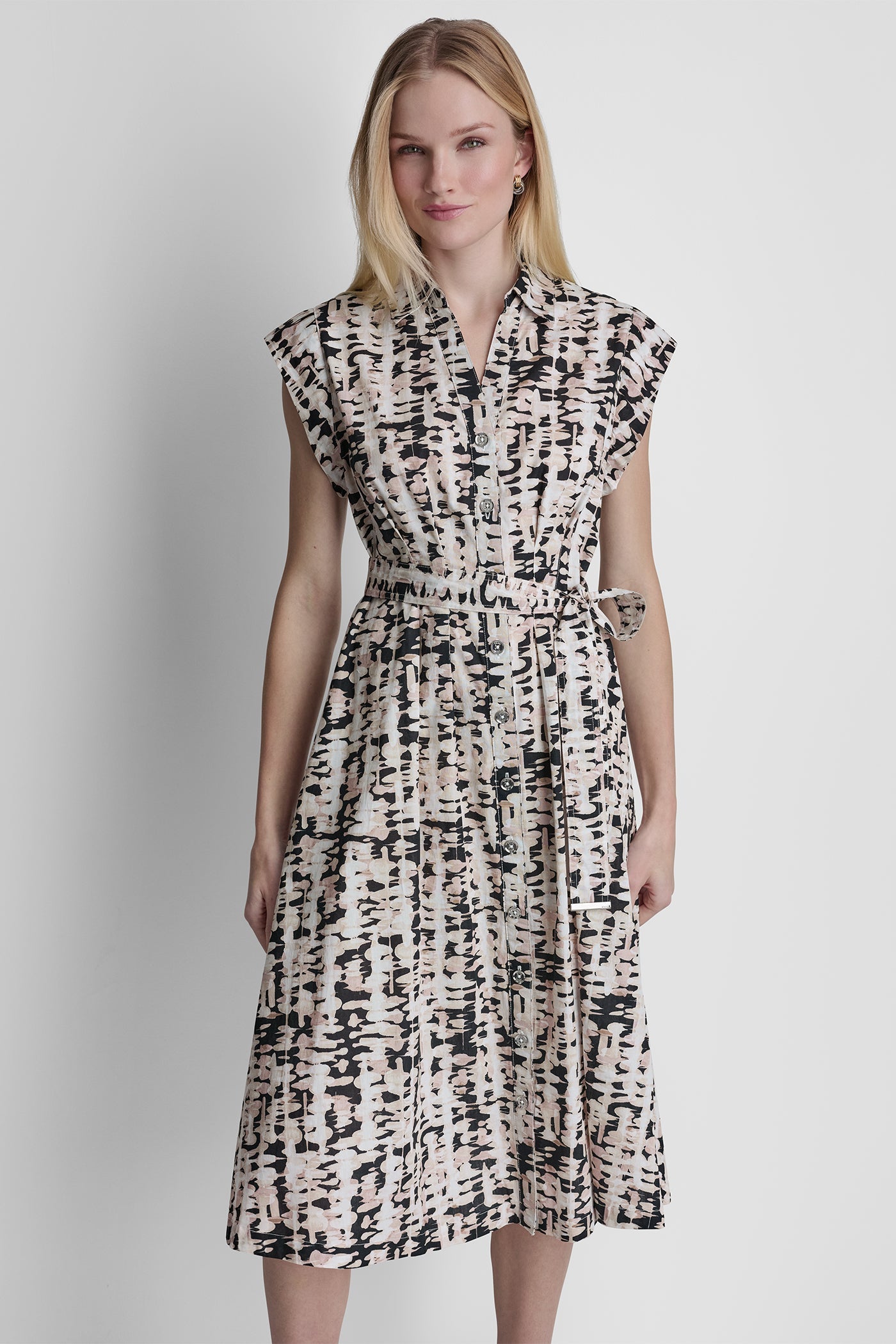 CAP-SLEEVE MIDI SHIRT DRESS