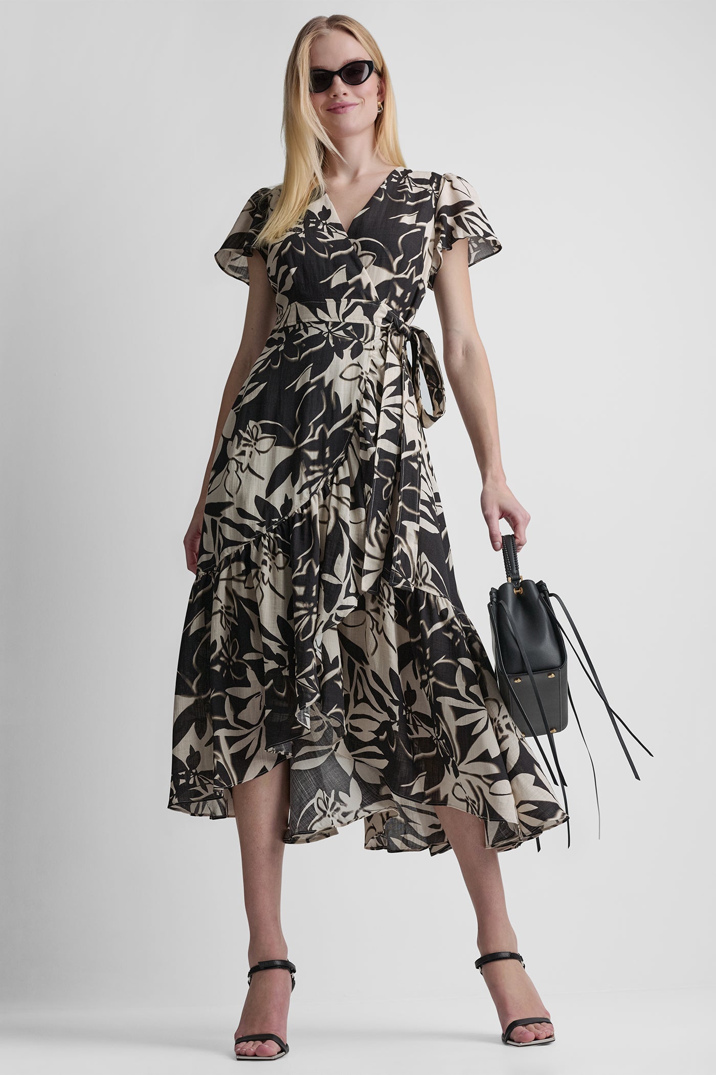 WRAP-EFFECT MIDI DRESS