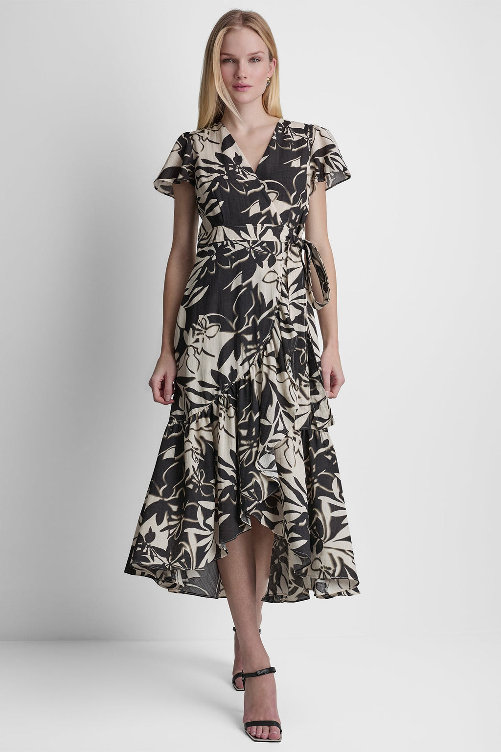 WRAP-EFFECT MIDI DRESS
