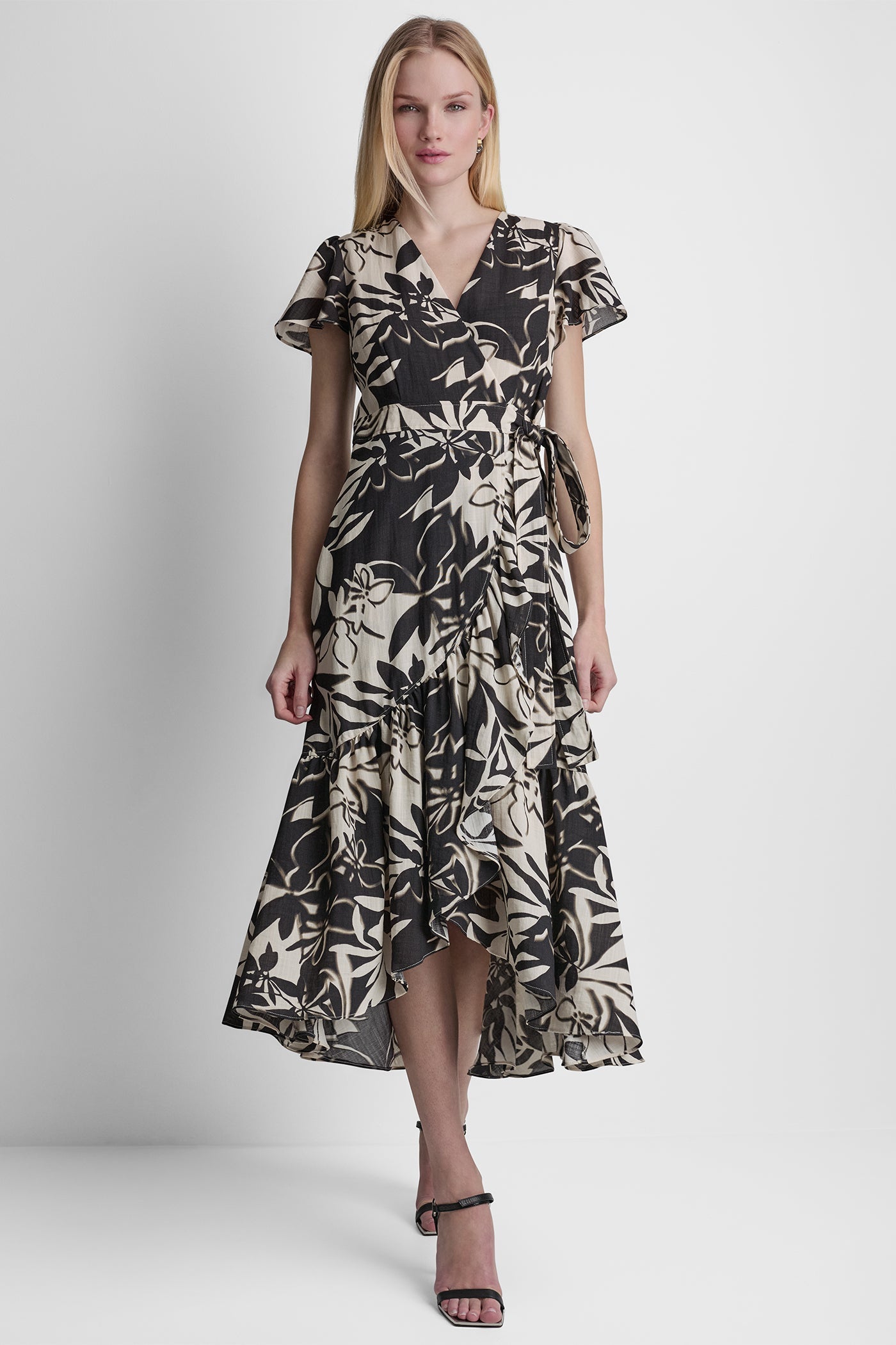 WRAP-EFFECT MIDI DRESS