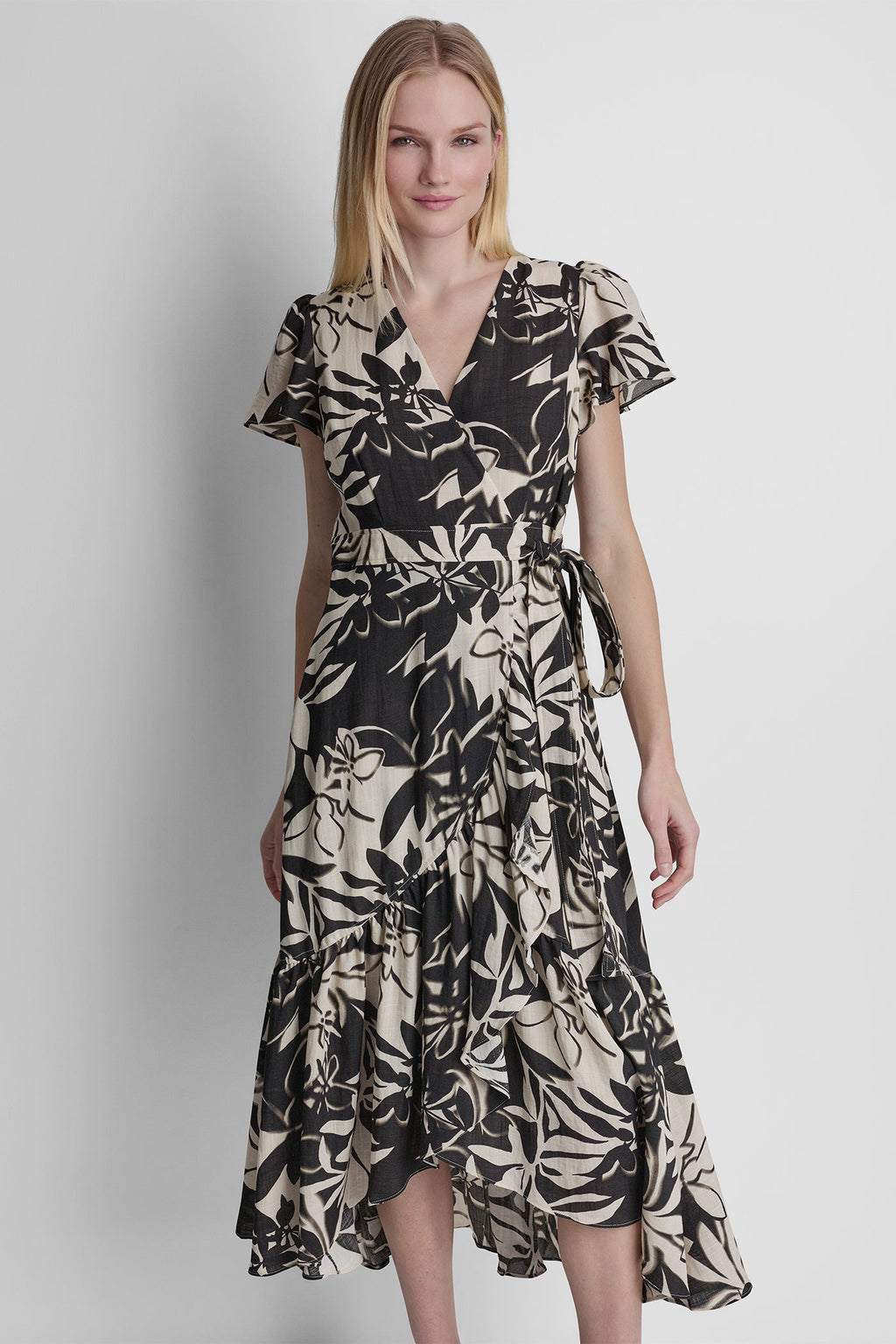 WRAP-EFFECT MIDI DRESS