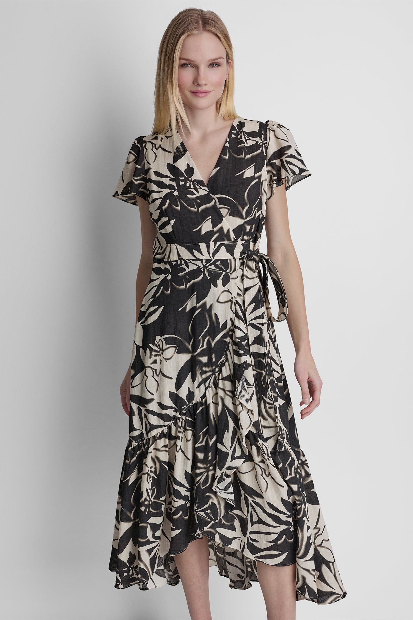 WRAP-EFFECT MIDI DRESS