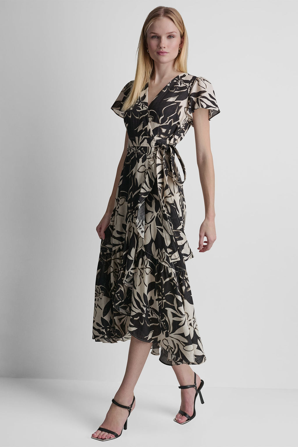 WRAP-EFFECT MIDI DRESS