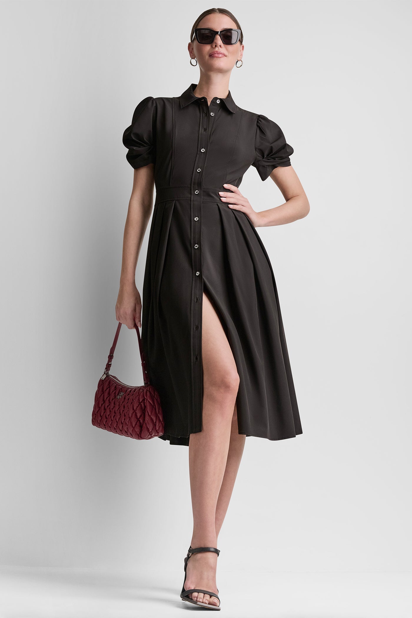PUFF SLEEVE PLEATED MIDI SHIRT DRESS