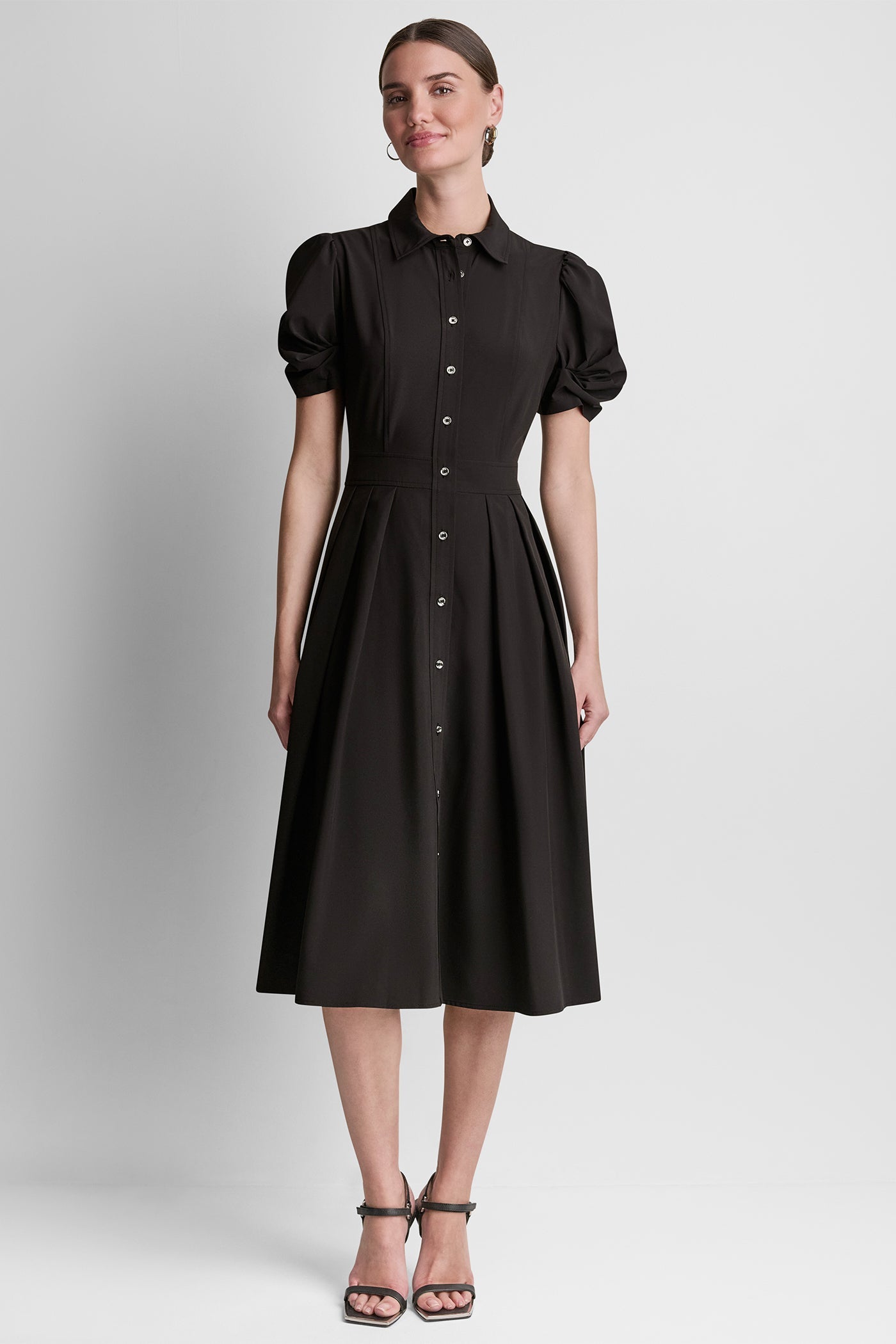 PUFF SLEEVE PLEATED MIDI SHIRT DRESS