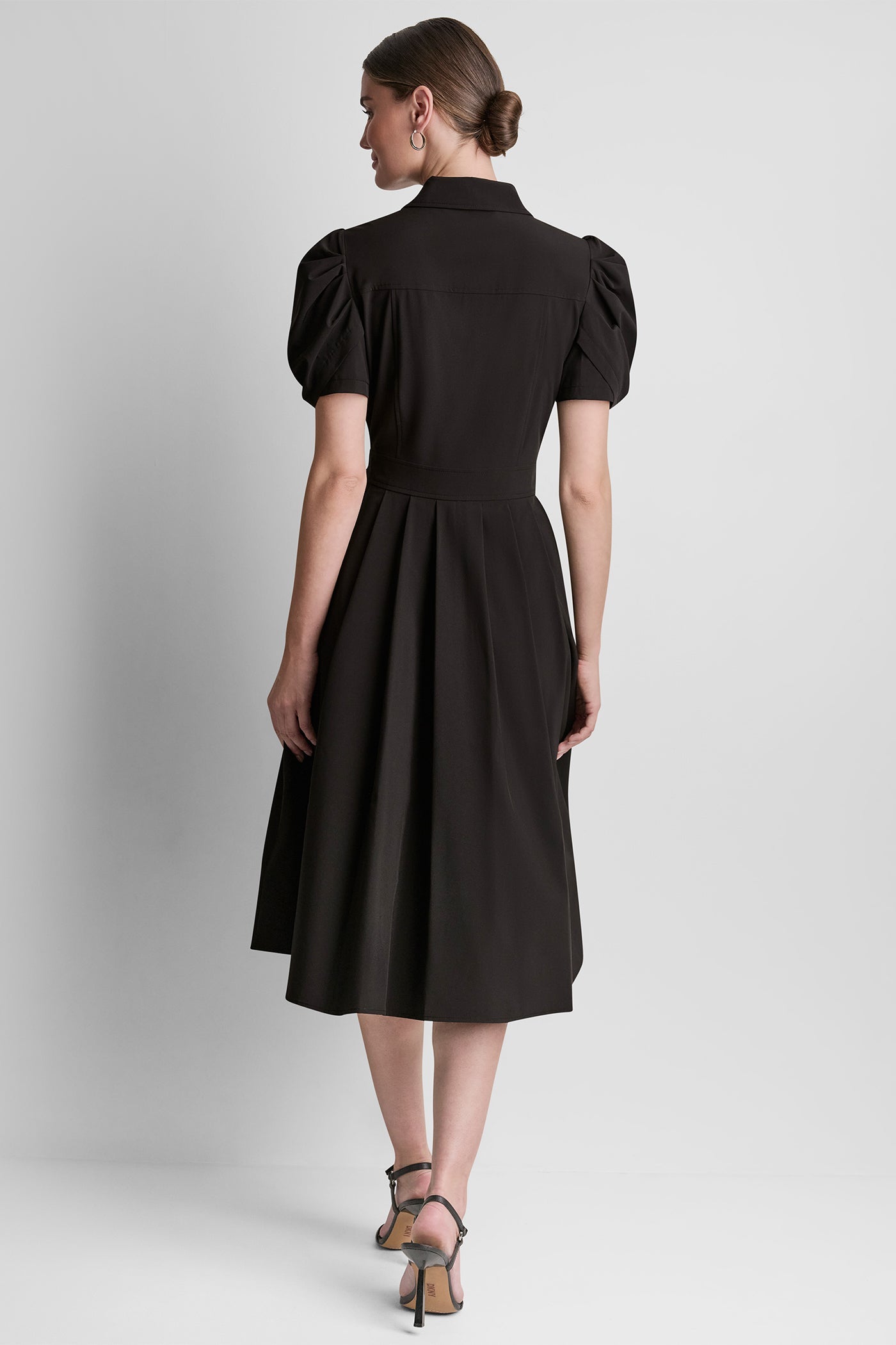 PUFF SLEEVE PLEATED MIDI SHIRT DRESS
