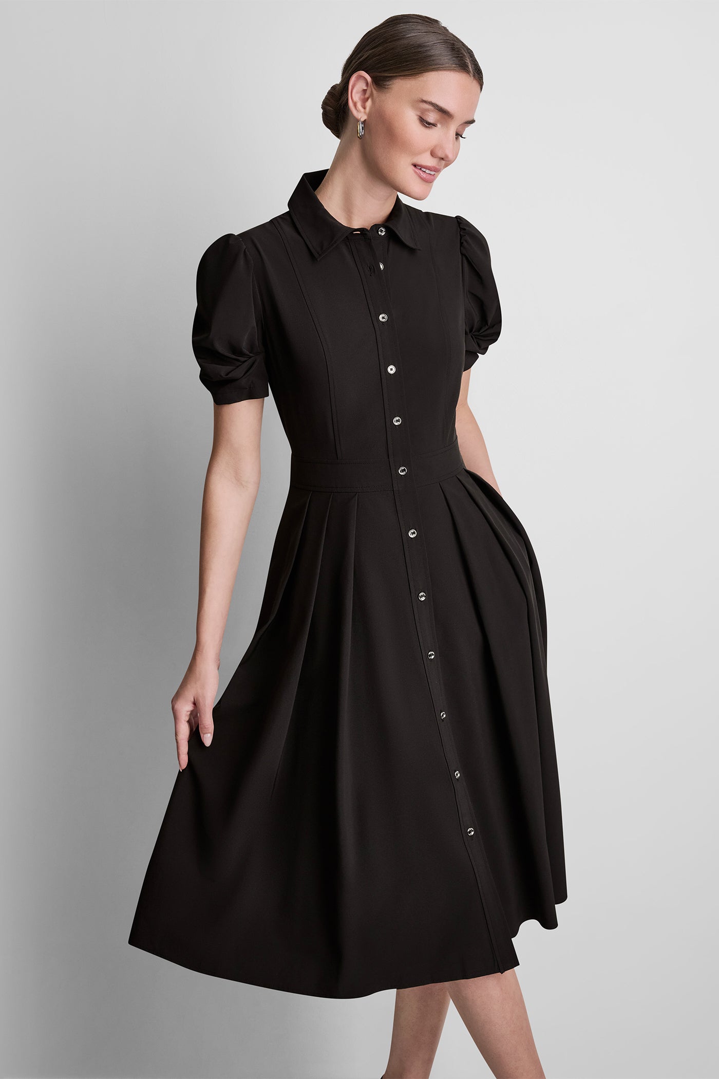 PUFF SLEEVE PLEATED MIDI SHIRT DRESS
