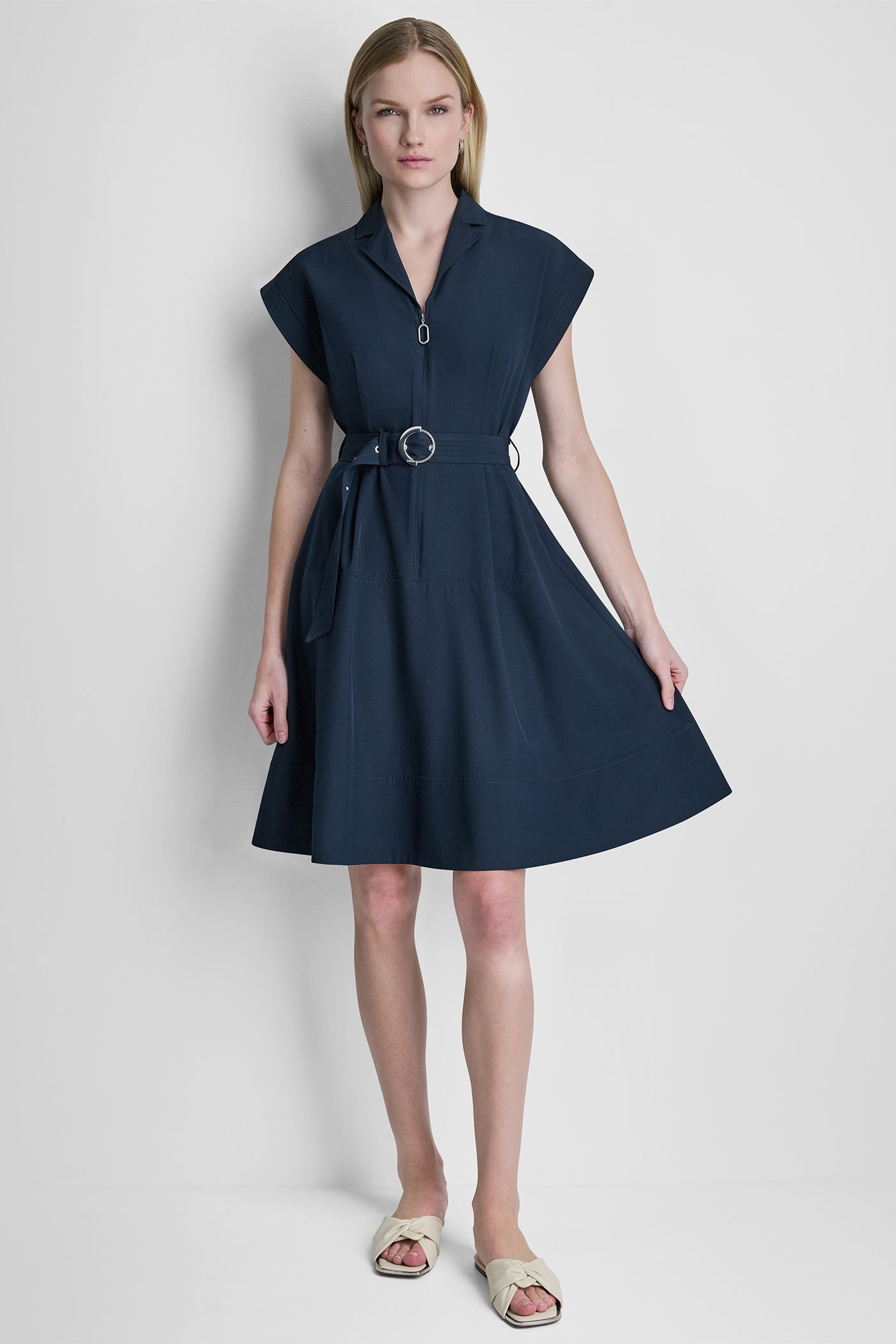 CAP SLEEVE ZIP-FRONT SHIRT DRESS