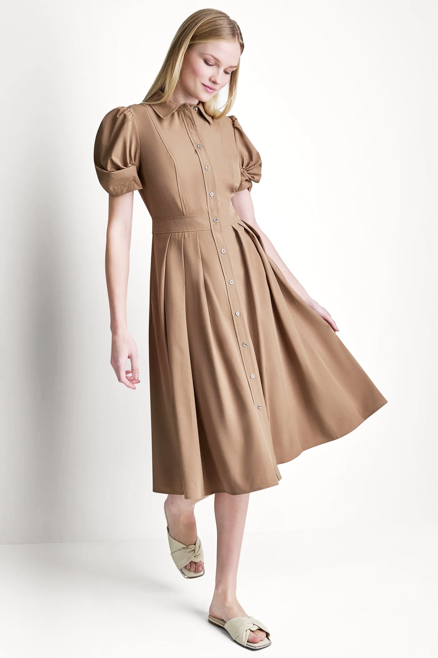PUFF SLEEVE PLEATED MIDI SHIRT DRESS
