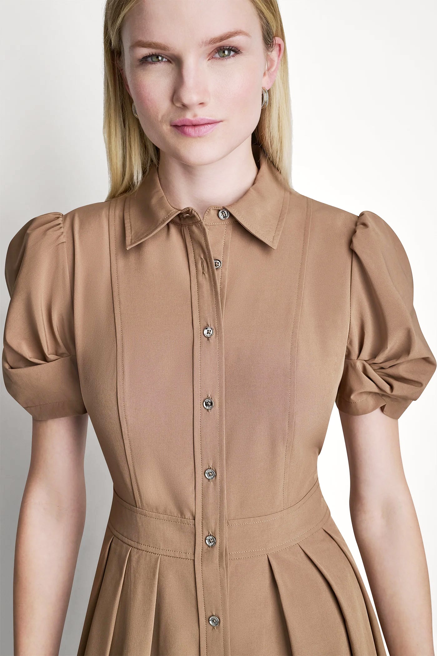 PUFF SLEEVE PLEATED MIDI SHIRT DRESS
