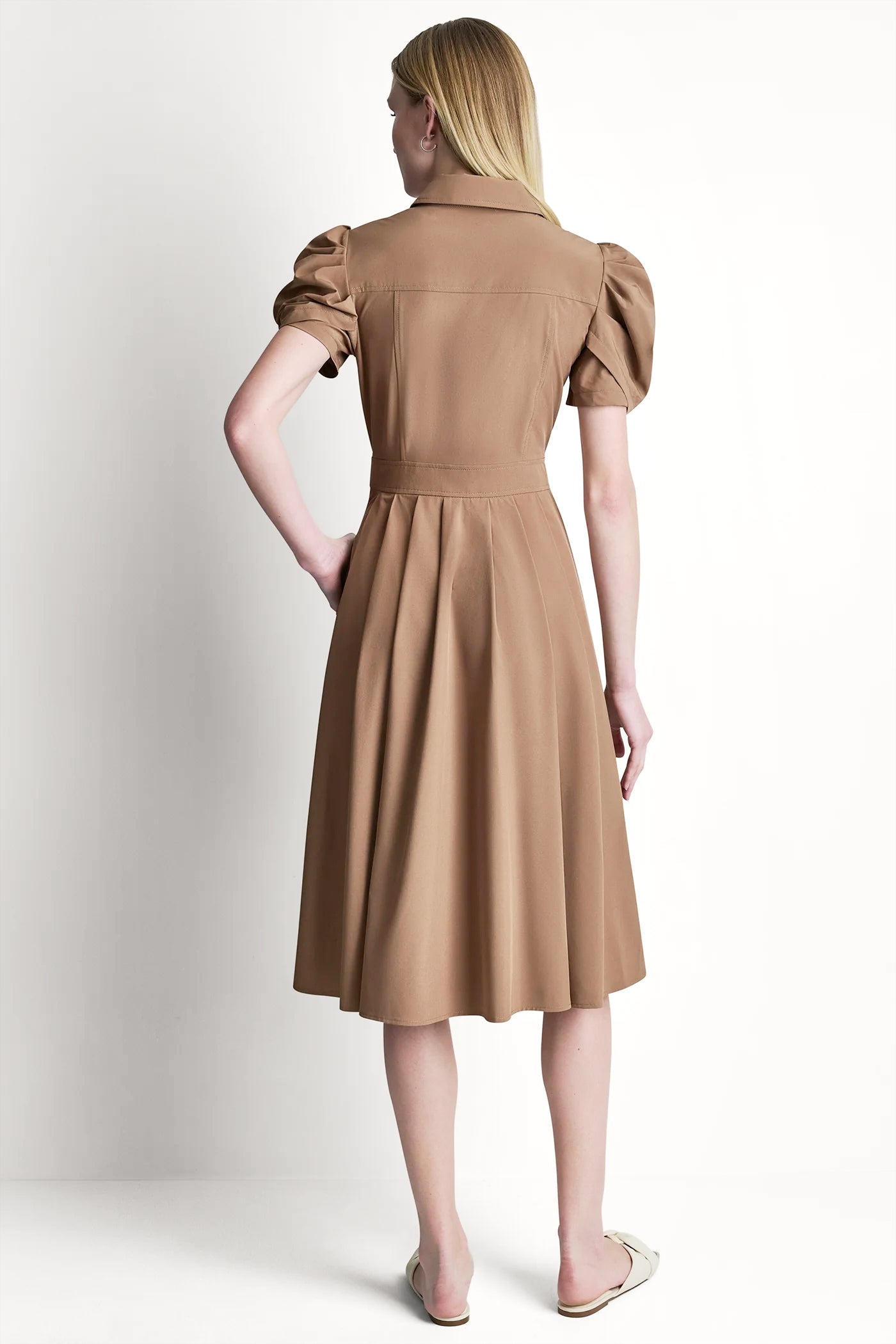 PUFF SLEEVE PLEATED MIDI SHIRT DRESS