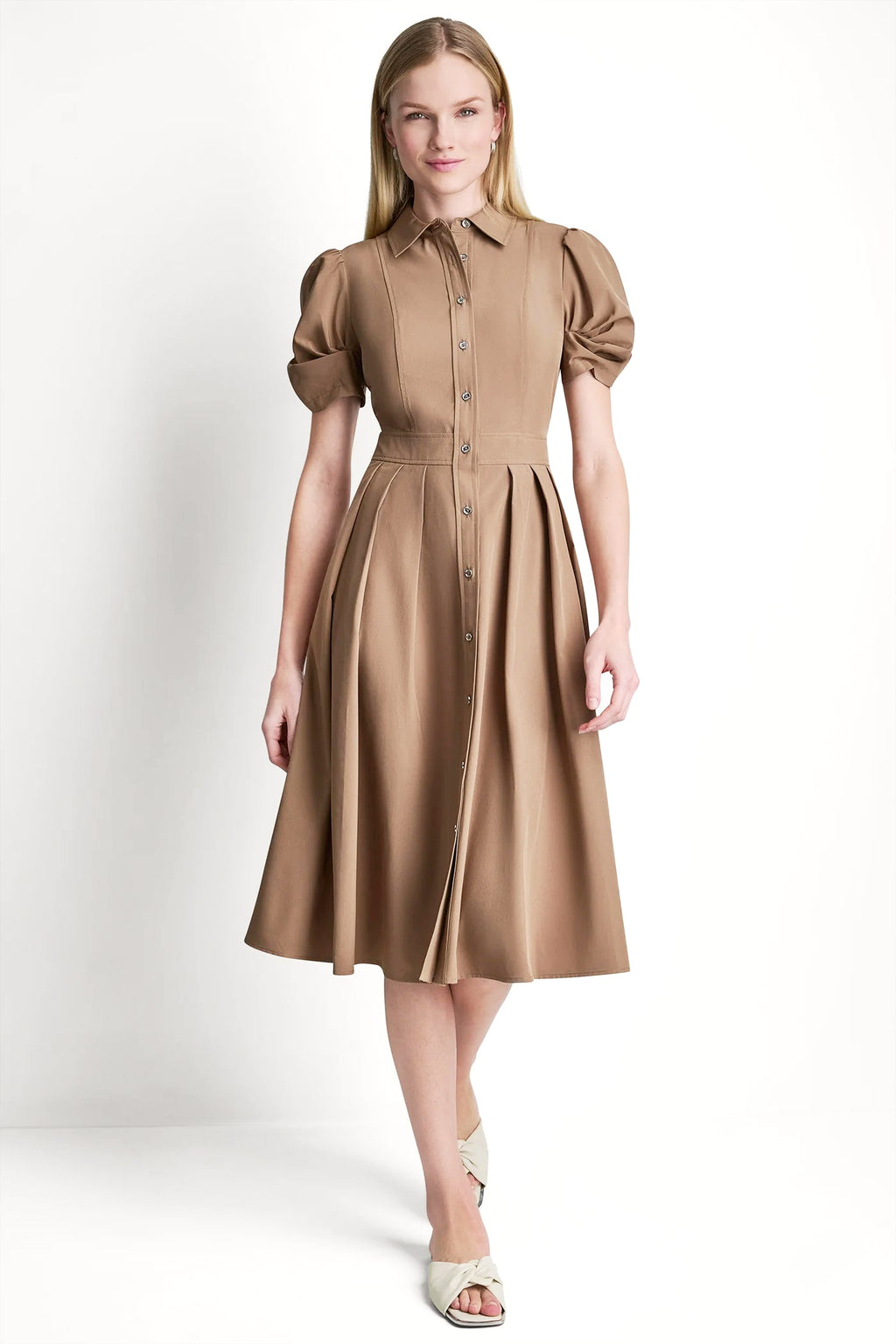 PUFF SLEEVE PLEATED MIDI SHIRT DRESS