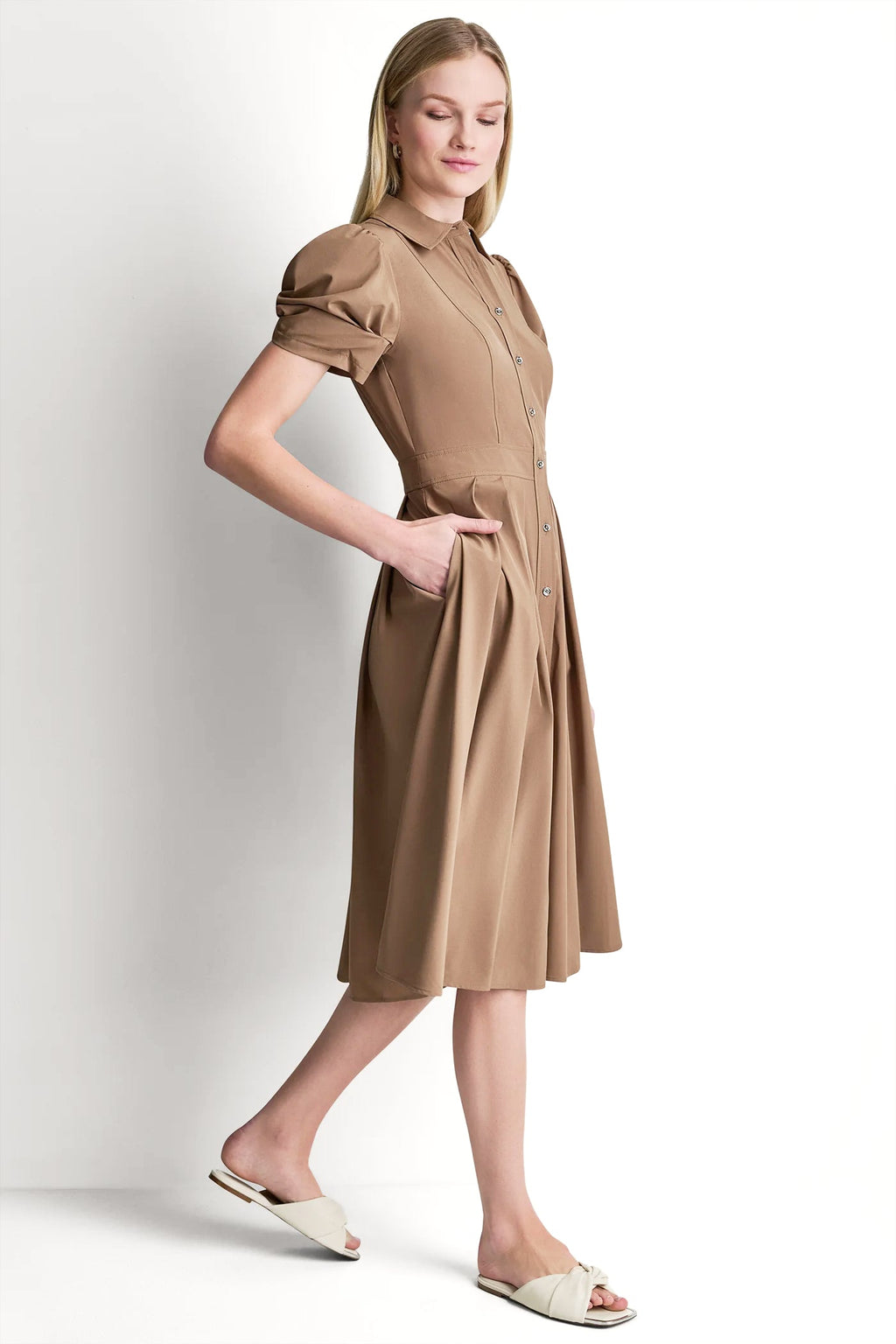 PUFF SLEEVE PLEATED MIDI SHIRT DRESS