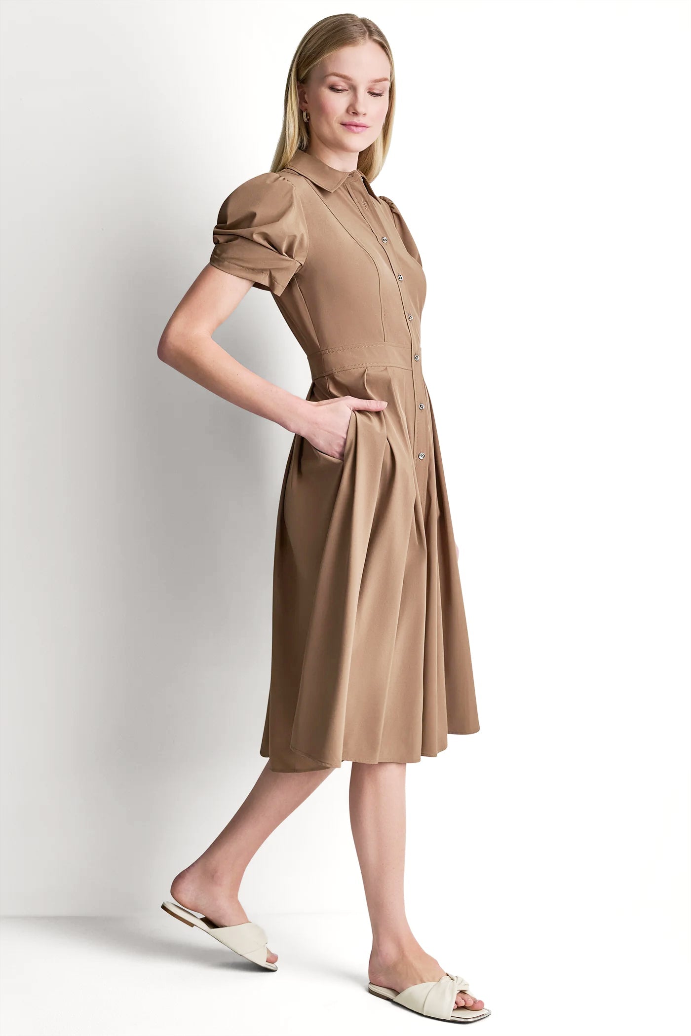 PUFF SLEEVE PLEATED MIDI SHIRT DRESS