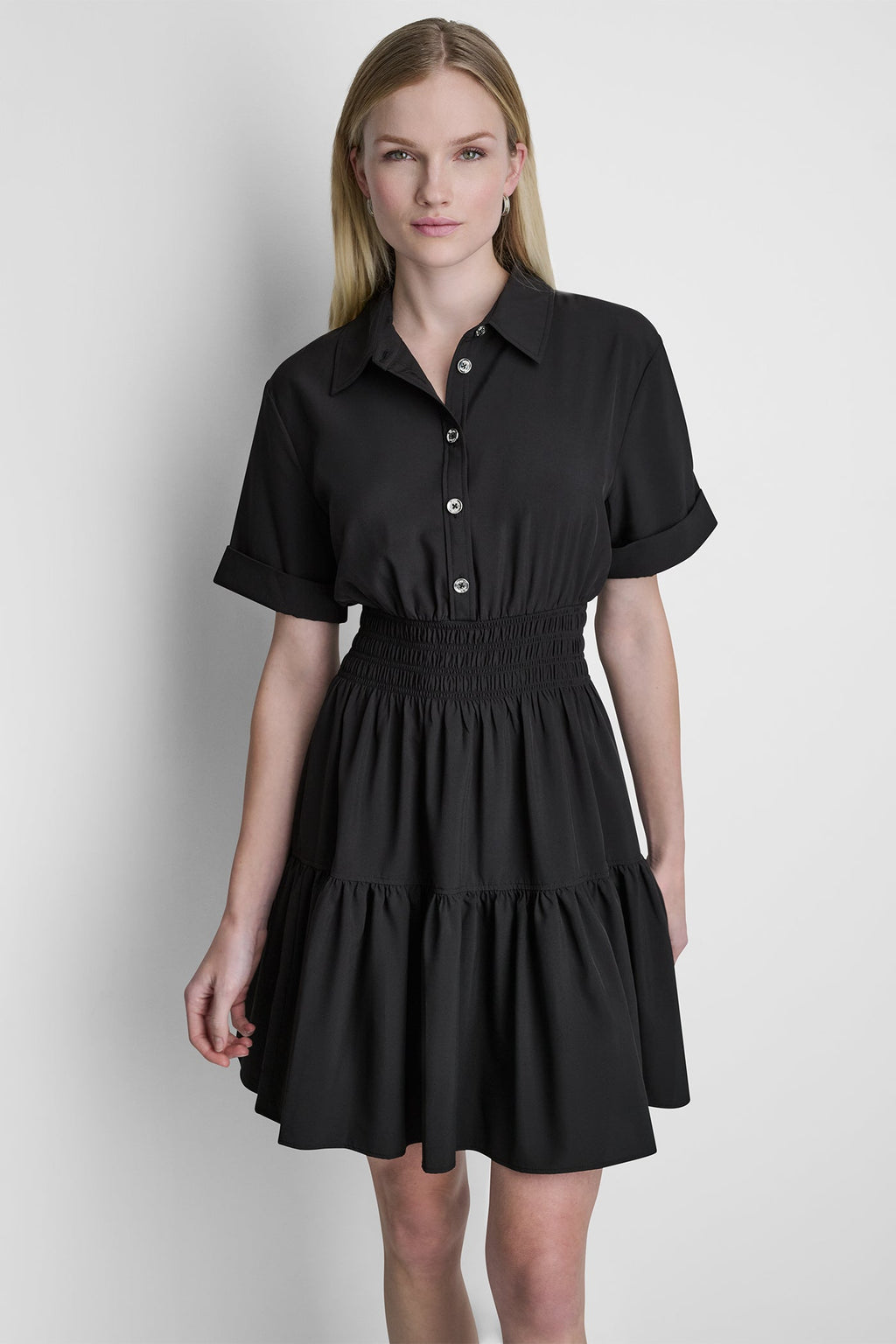 SMOCKED WAIST MINI SHIRT DRESS