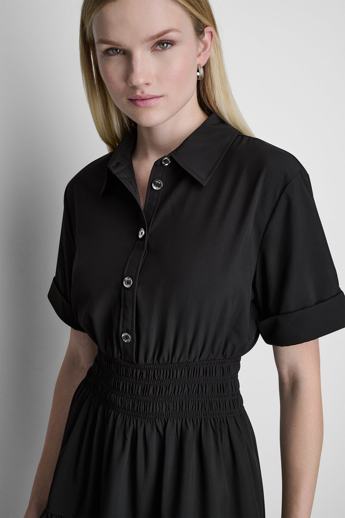 SMOCKED WAIST MINI SHIRT DRESS