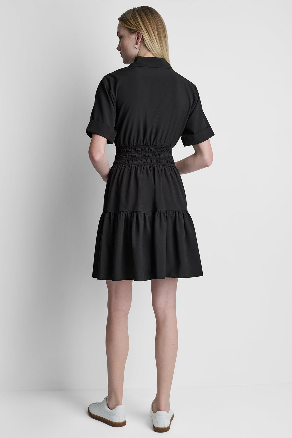 SMOCKED WAIST MINI SHIRT DRESS