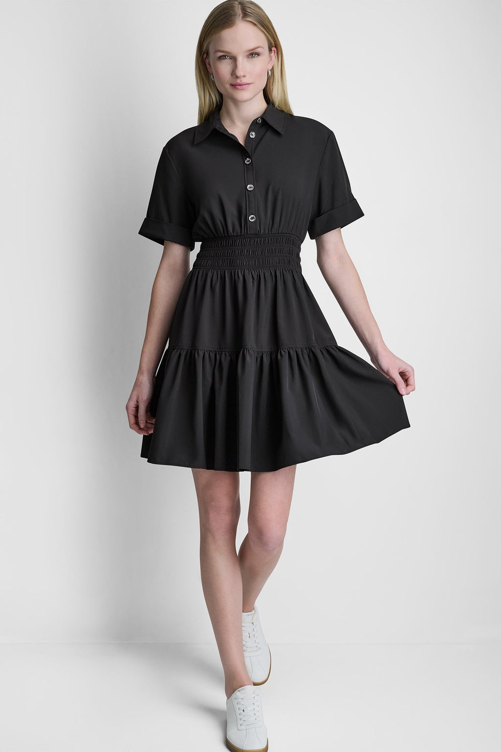 SMOCKED WAIST MINI SHIRT DRESS