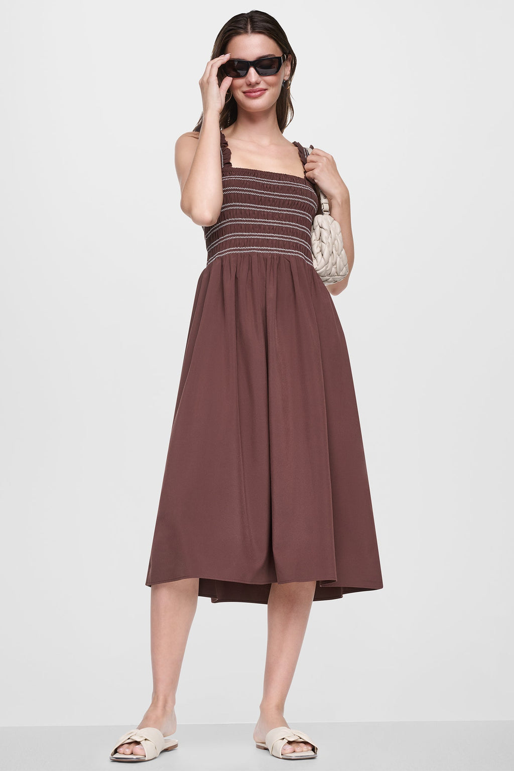 SLEEVELESS SMOCKED MIDI A-LINE DRESS
