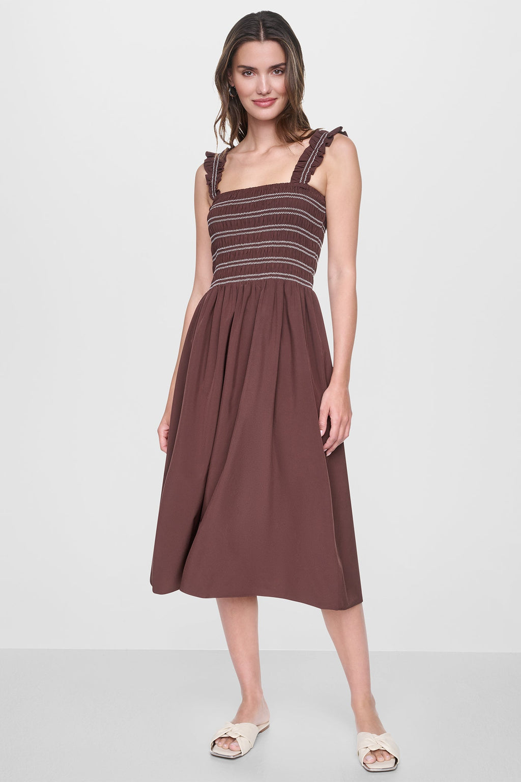 SLEEVELESS SMOCKED MIDI A-LINE DRESS