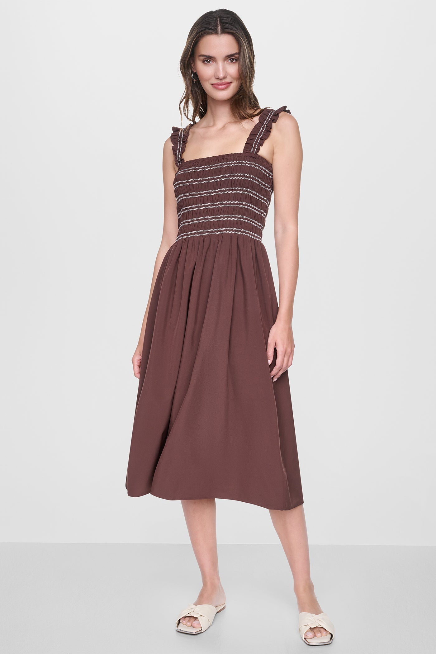 SLEEVELESS SMOCKED MIDI A-LINE DRESS