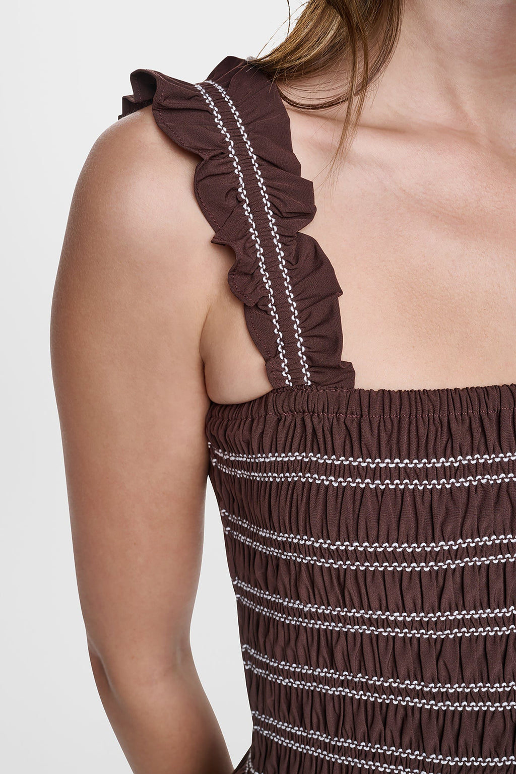 SLEEVELESS SMOCKED MIDI A-LINE DRESS