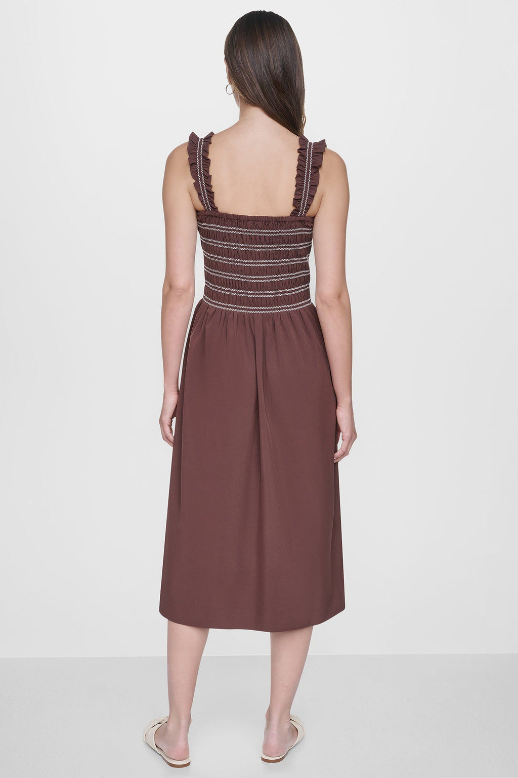 SLEEVELESS SMOCKED MIDI A-LINE DRESS