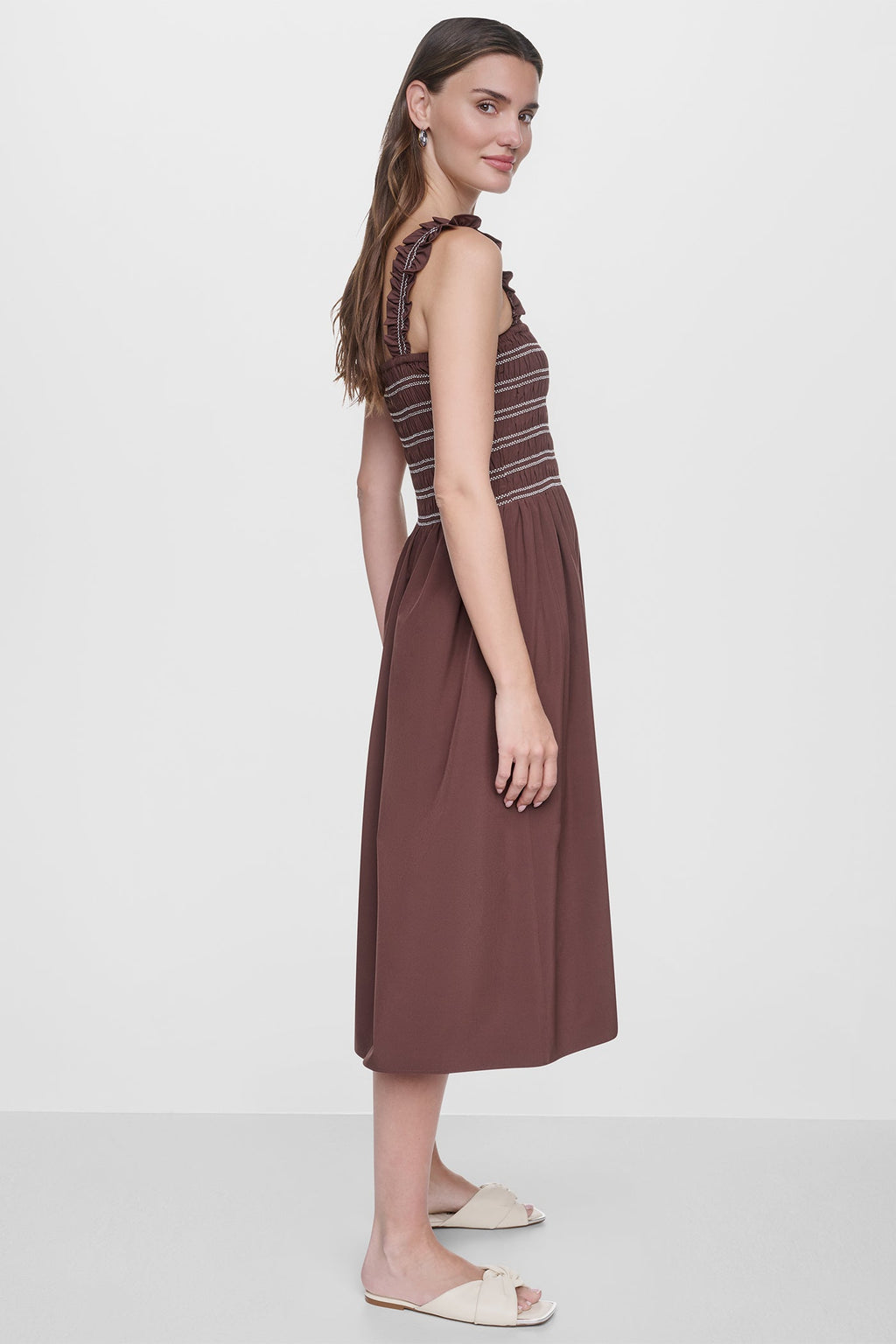 SLEEVELESS SMOCKED MIDI A-LINE DRESS