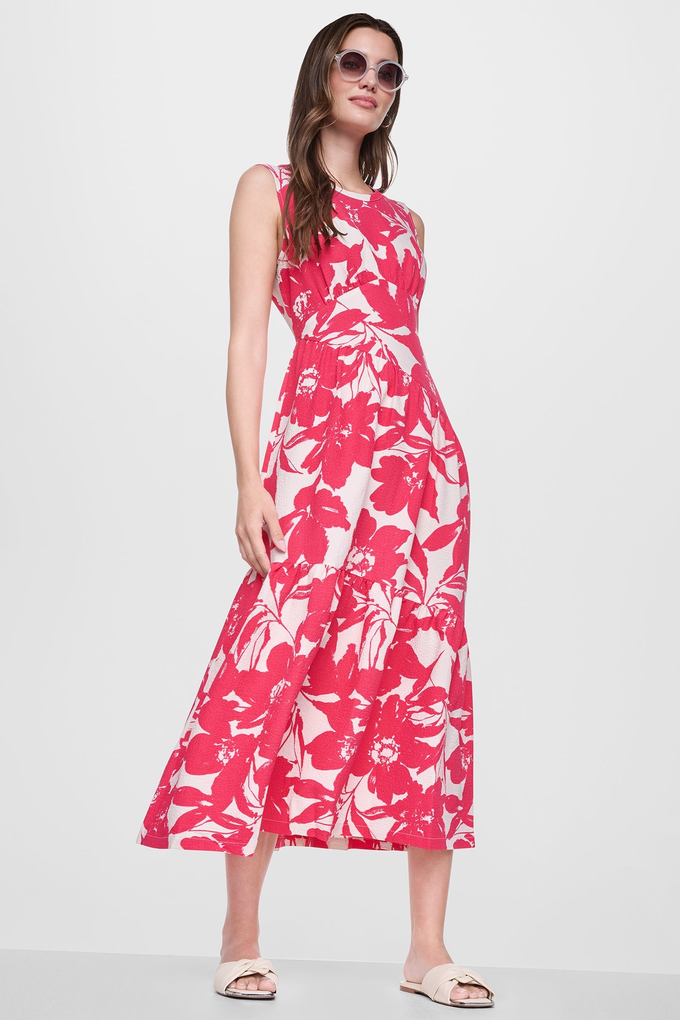 JEWEL NECK PRINTED MIDI DRESS