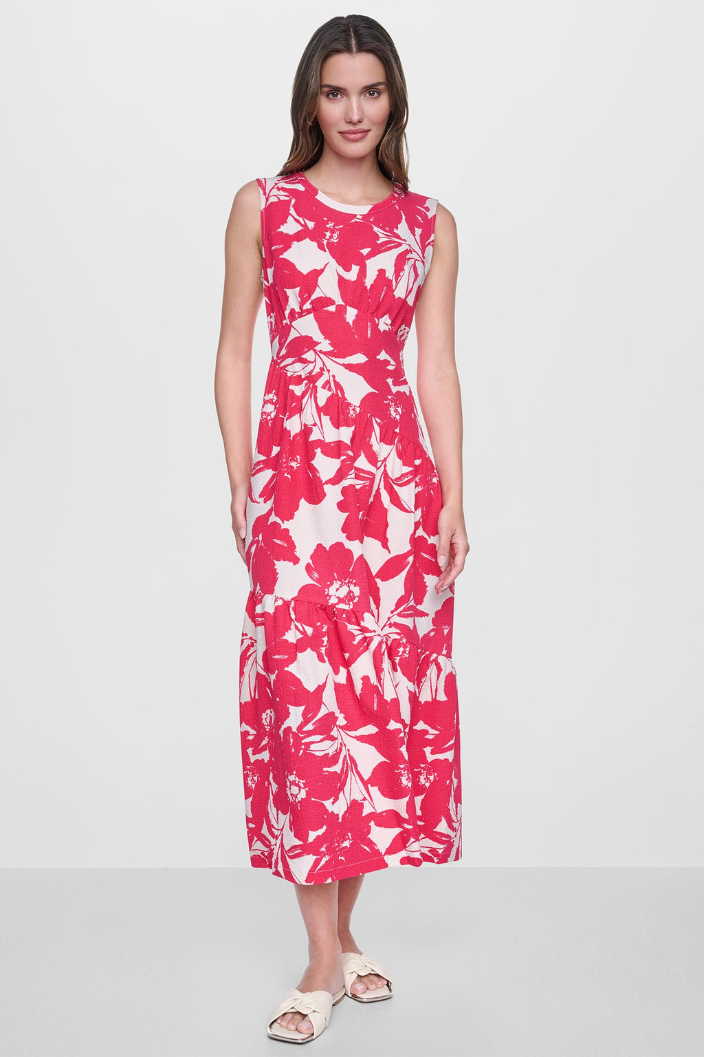 JEWEL NECK PRINTED MIDI DRESS