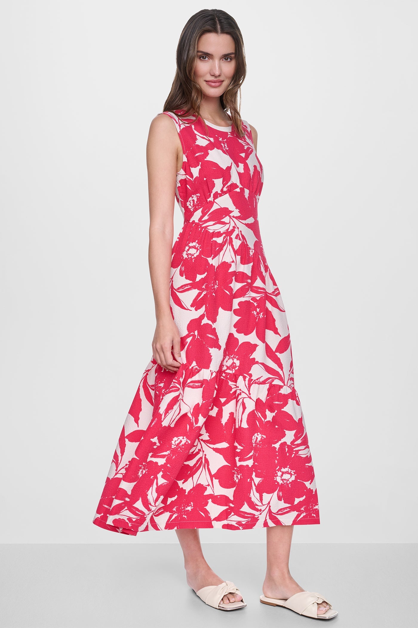 JEWEL NECK PRINTED MIDI DRESS