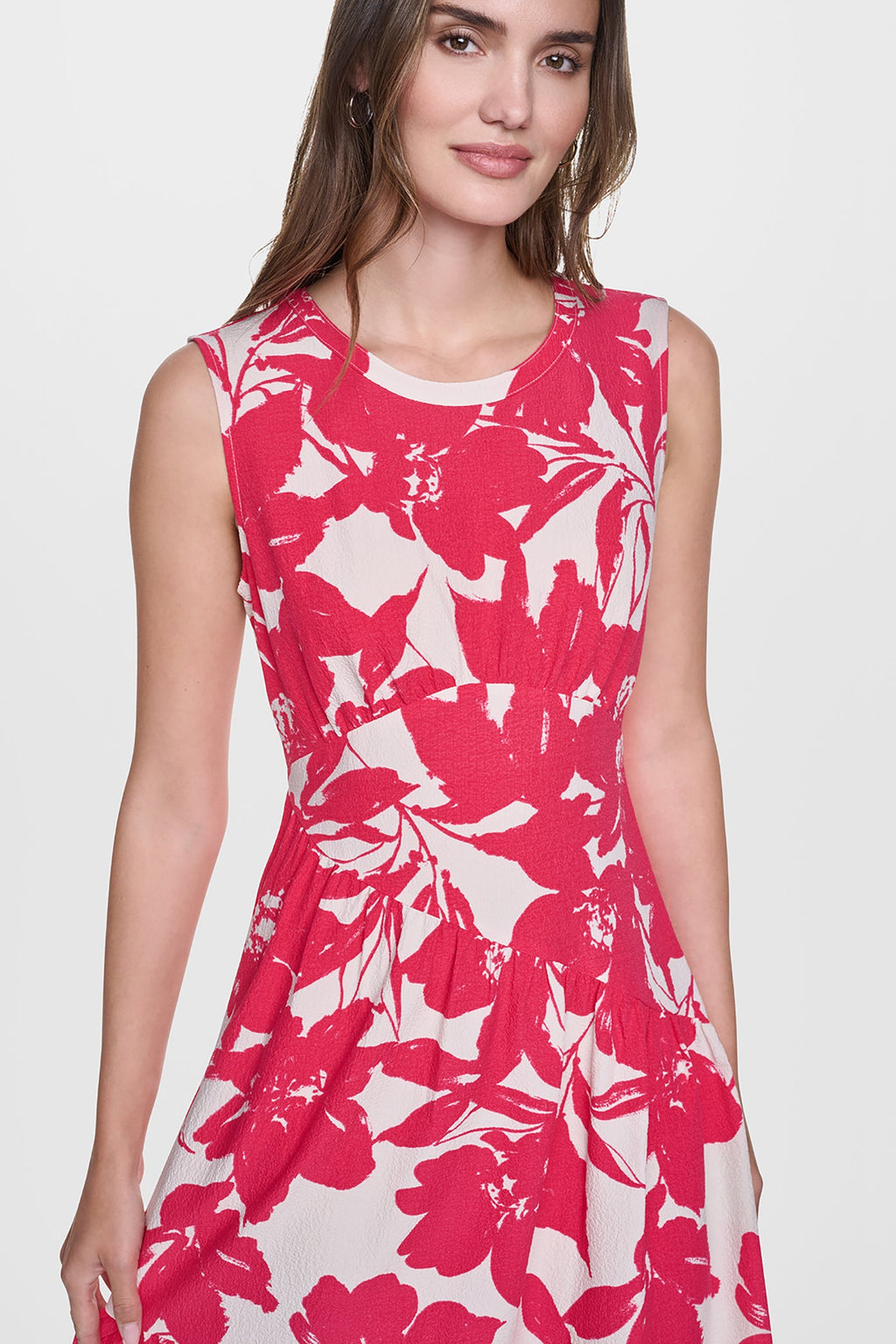 JEWEL NECK PRINTED MIDI DRESS