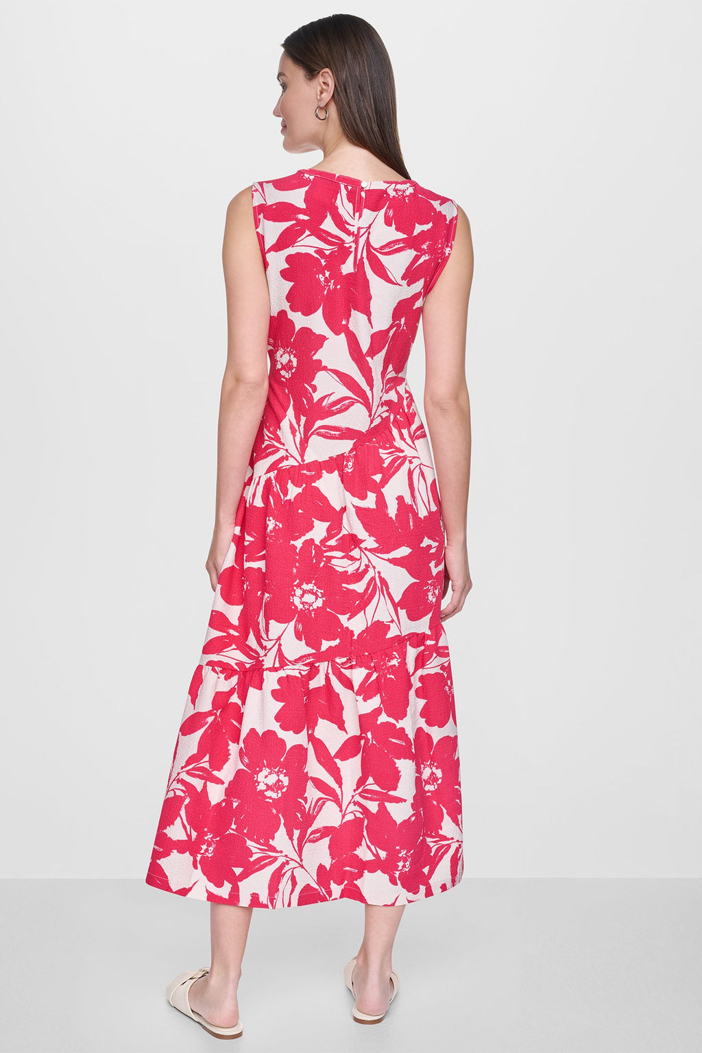 JEWEL NECK PRINTED MIDI DRESS