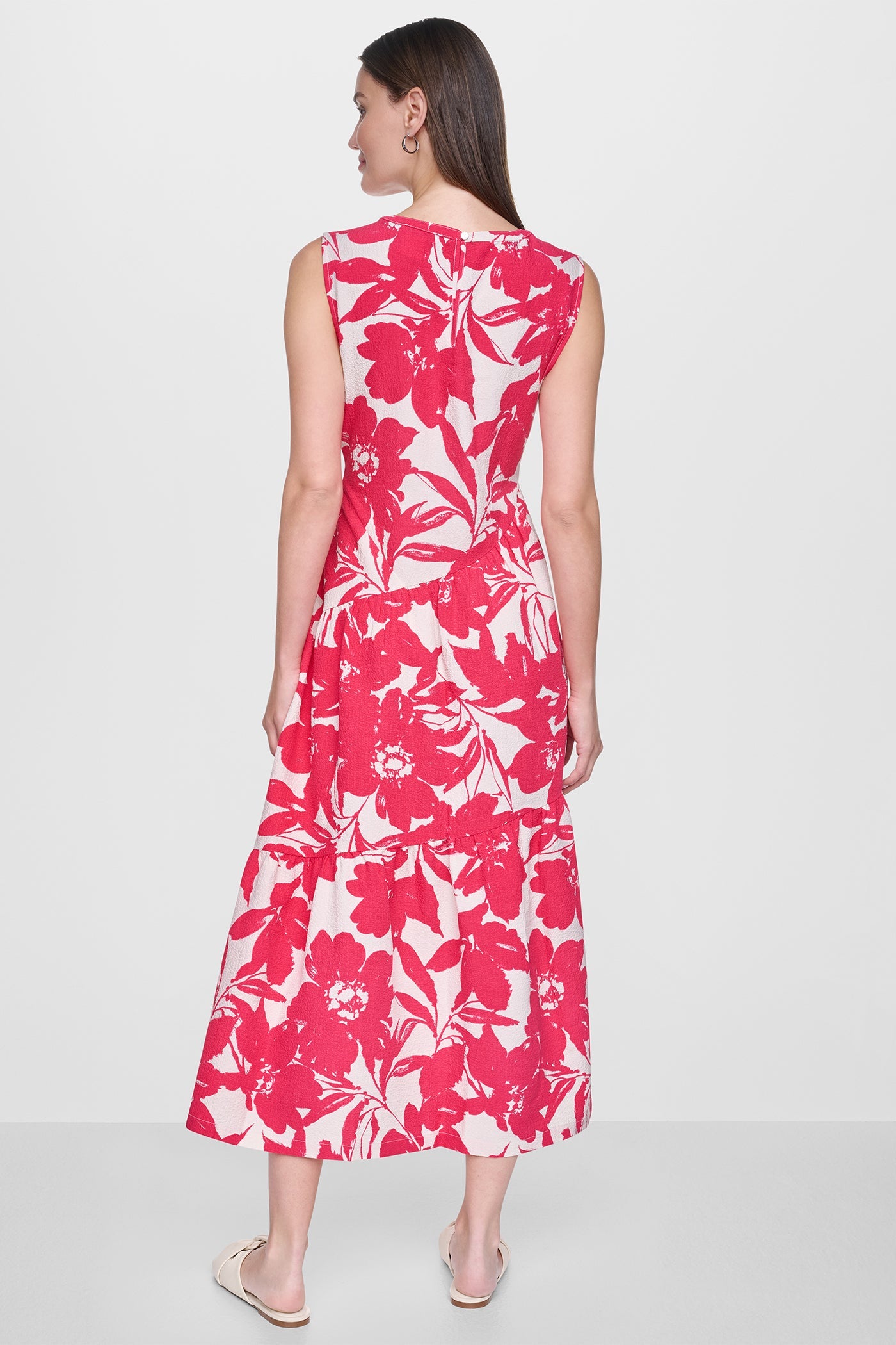 JEWEL NECK PRINTED MIDI DRESS