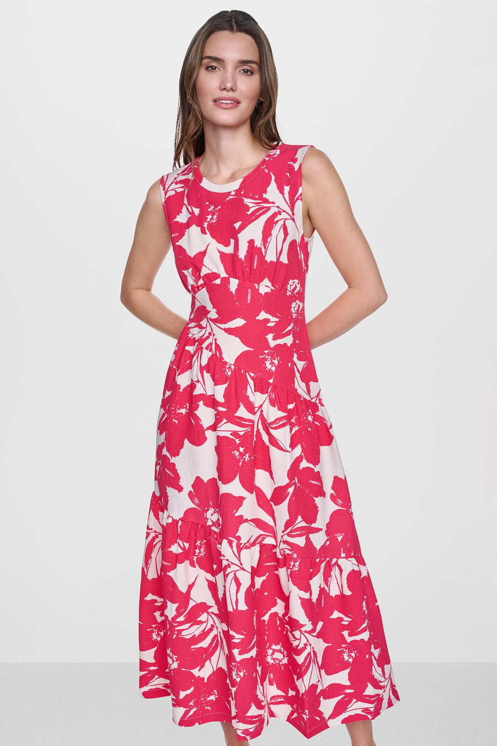 JEWEL NECK PRINTED MIDI DRESS