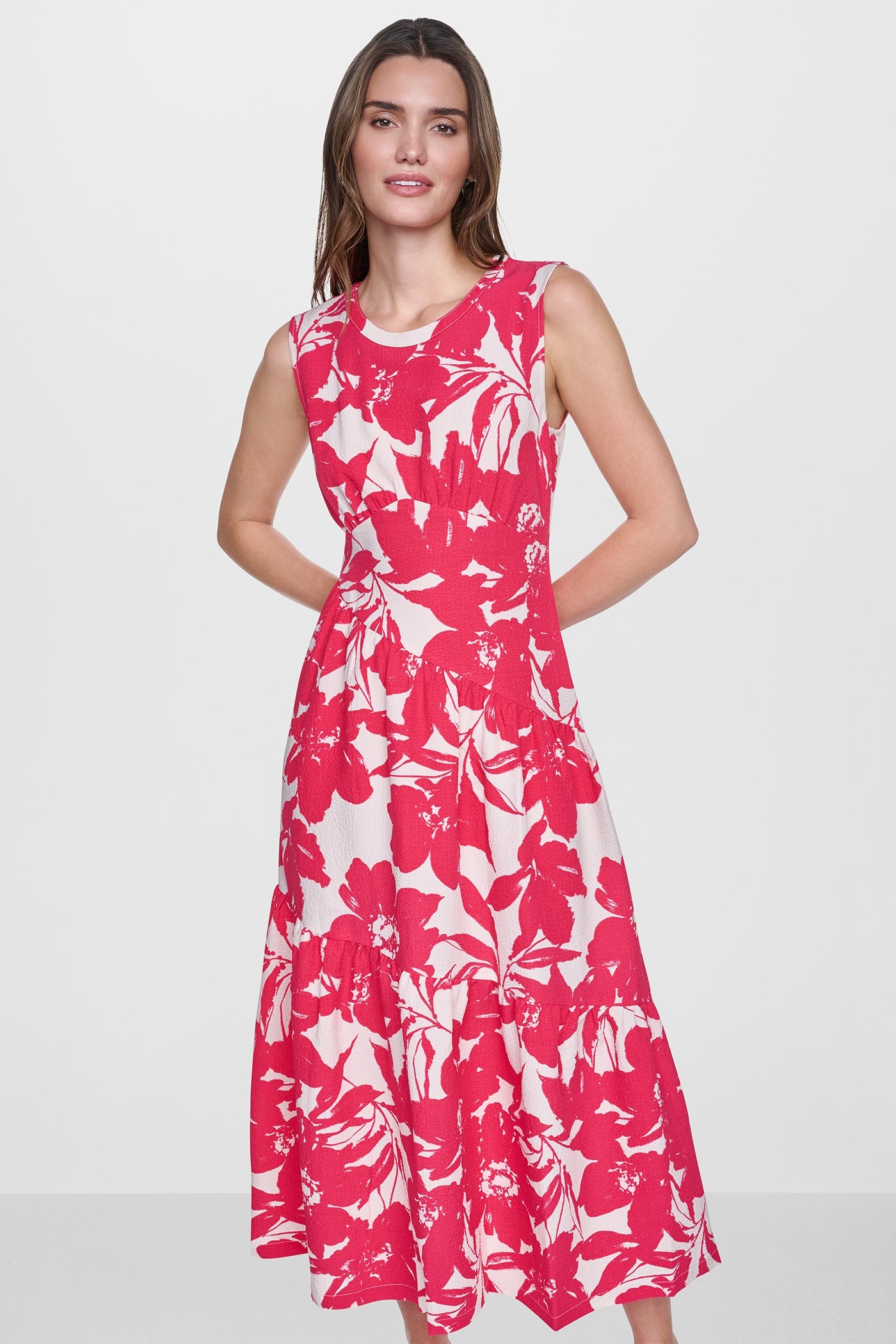 JEWEL NECK PRINTED MIDI DRESS