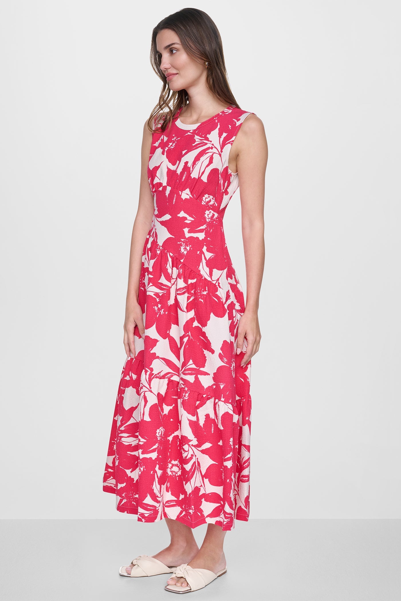 JEWEL NECK PRINTED MIDI DRESS