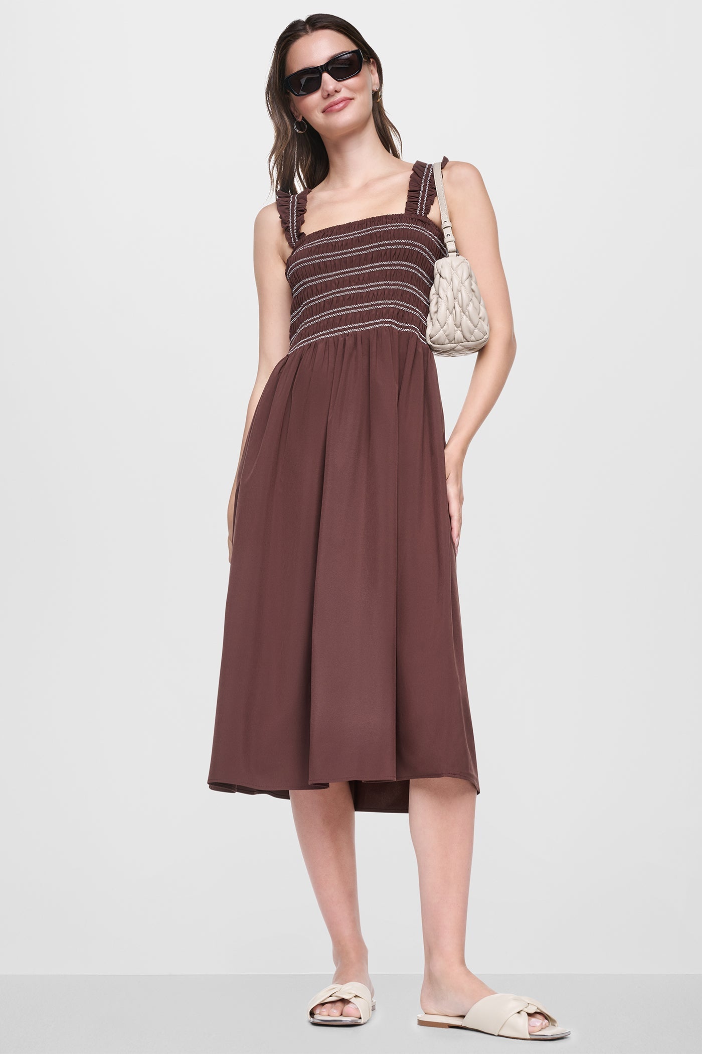 SLEEVELESS SMOCKED MIDI A-LINE DRESS
