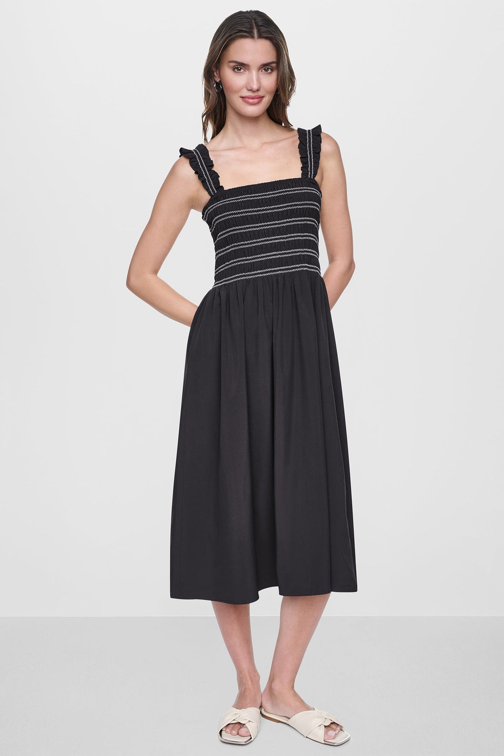 SLEEVELESS SMOCKED MIDI A-LINE DRESS