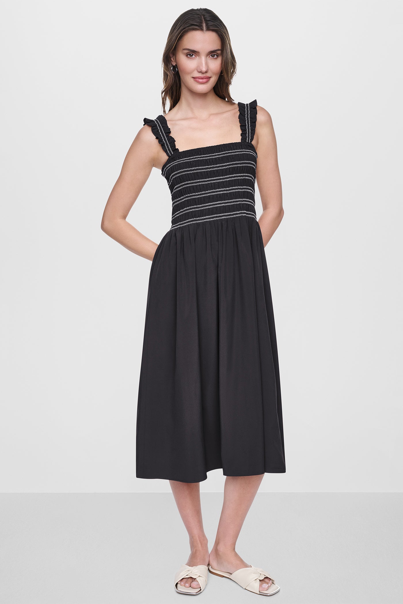 SLEEVELESS SMOCKED MIDI A-LINE DRESS