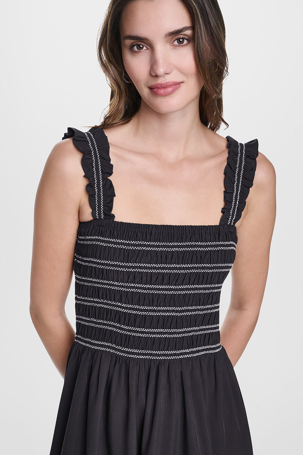 SLEEVELESS SMOCKED MIDI A-LINE DRESS