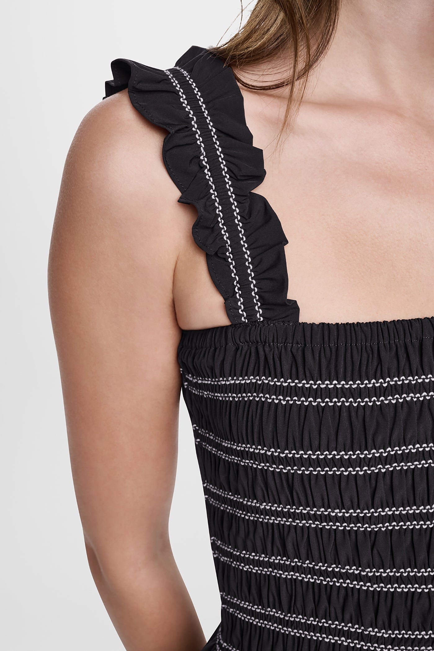 SLEEVELESS SMOCKED MIDI A-LINE DRESS