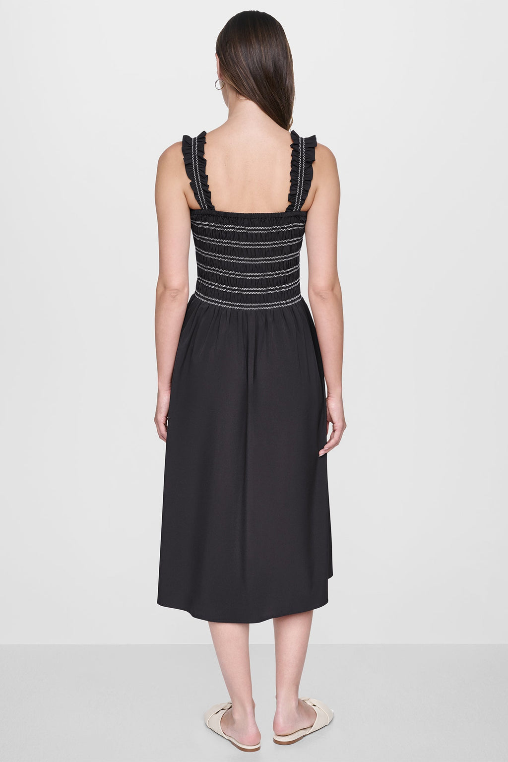 SLEEVELESS SMOCKED MIDI A-LINE DRESS